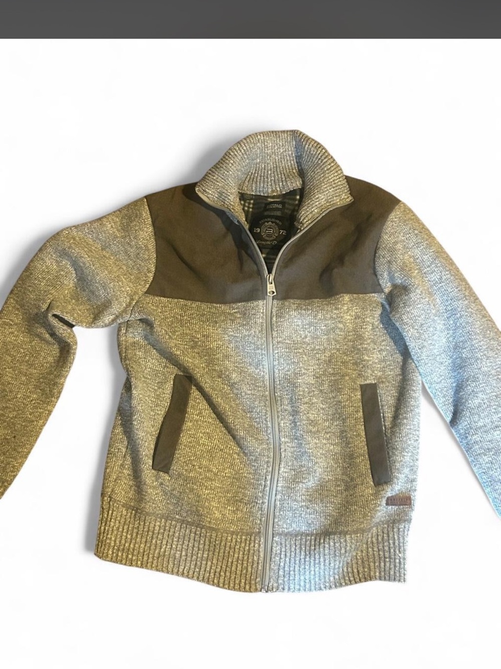 Buffalo David Bitton Gray Contrast-Yoke Zip Sweater